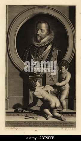 James VI. Von Schottland, James I. von England, James Charles Stuart. Jacques Premier. In Spitze Rüschenkragen, Mantel und Doublet, Schärpe mit Figur des heiligen Georg und des Drachen. Zwei Putten stellen ein Wappen unter einer Krone zusammen. Kupferstich von Pieter Stevens van Gunst nach Adriaen van der Werff aus Isaac de Larreys Histoire dAngleterre, dEcosse et dIrlande, Amsterdam, 1730. Stockfoto