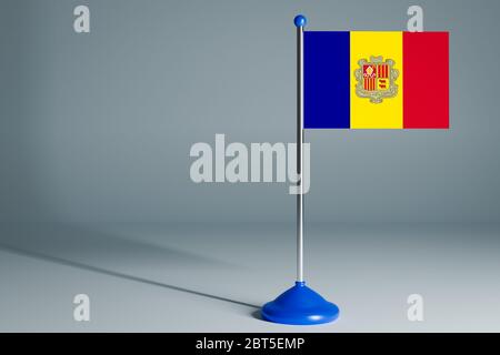 Die 3d-Darstellung realistische Nationalflagge von Andorra auf Stahlstange auf grau isoliert Hintergrund. Leere Tischflagge , geeignet für Design, Mockup Stockfoto