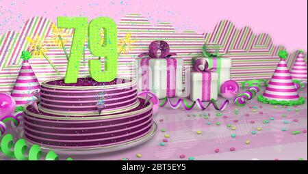 Lila rund 79 Geburtstagskuchen mit bunten Funken und rosa Linien auf einem hellen Tisch mit grünen Streamer, Party Hüte und Geschenkboxen mit Stift verziert Stockfoto