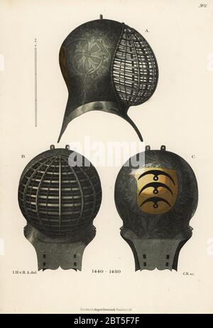 Turnier Helm mit Wappen auf der Rückseite von der Mitte des 15. Jahrhunderts. Aus der Sammlung des Fürsten Karl Anton von Hohenzollern-Sigmaringen. Von Hefner-Alteneck Chromolithograph's Kostüme, Kunstwerke und Geräte vom Mittelalter bis in das 17. Jahrhundert, Frankfurt, 1889. Illustration von Dr. Jakob Heinrich von Hefner-Alteneck, Lithographiert von C.R. Dr. Hefner-Alteneck (1811 - 1903) war eine Deutsche, die die Kuratorin des Museums, Archäologe, Kunsthistoriker, Zeichner und Kupferstecher. Stockfoto