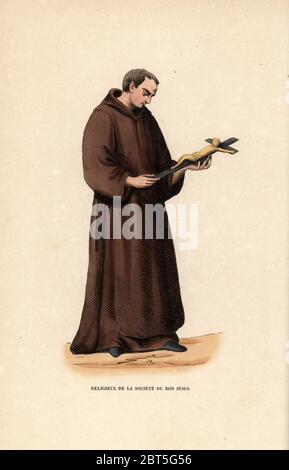 Mönch der Societe du Bon Jesus mit Kruzifix. Religieux de la Societe du Bon Jesus. Handkolorierter Holzschnitt von M nach einer Illustration von Jacques Charles Bar aus Abt Tirons Histoire et Costumes des Ordres Religieux, Librairie Historique-Artistique, Brüssel, 1845. Stockfoto