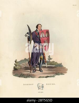 Robert Rouse, Kinght Templer, 1270. Er trägt ein langes surcoat über chainmail Kettenhemd und poleyns chausses, Knie und trägt eine große Schlacht Axt und Schild mit Wappen. Von einem Bildnis in der Temple Church. Papierkörbe Lithographie nach einer Zeichnung von S.R. Meyrick von Sir Samuel Rush Meyrick ist eine kritische Untersuchung Antient Rüstung, John dowding, London, 1842. Stockfoto