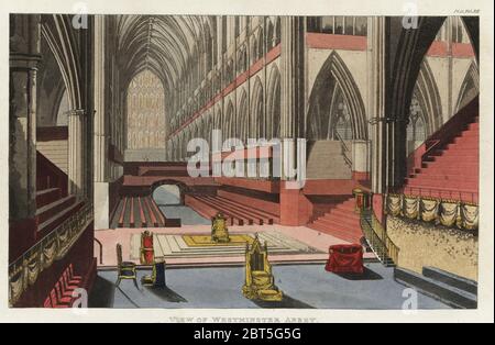 Ansicht von Westminster Abbey, wie es bei der Krönung von König George IV., 1821 eingerichtet wurde. Handkolorierter Kupferstich aus Rudolph Ackermanns Repository of Arts, London, 1821. Stockfoto