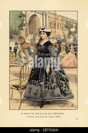 Vor dem Palais de lIndustrie, Paris, 1866. Von den Rennen zurück. Frau in Pelzhut in grau und schwarz crinoline Kleid. Der Industriepalast wurde für die Exposition universelle de 1855 für öffentliche, zivile und militärische Veranstaltungen gebaut. Handkolorierte Lithographie von R.V. nach einer Illustration von Francois Courboin aus Octave Uzannes Fashion in Paris, William Heinemann, London, 1898. Stockfoto