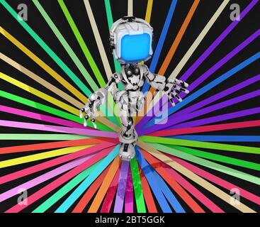 Bildschirm Roboter Figur Charakter Pose Farbe Bänder Fokus, 3d-Illustration, horizontal Stockfoto