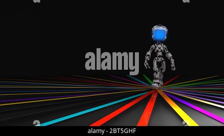 Bildschirm Roboter Figur Charakter Pose Farbe Bänder gehen, 3d-Illustration, horizontal Stockfoto
