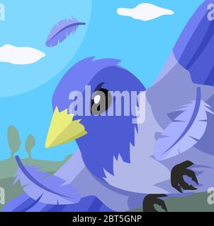 Blau Cartoon Vogel im Flug Nahaufnahme, Farbvektor Illustration, horizontal Stock Vektor