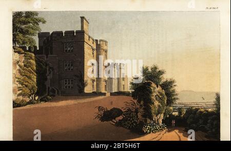 Dunster Castle, Somerset, Sitz von John Fowles Luttrell. Motte und bailey Schloss von William de Mohun, später ein Landhaus gebaut. Handkolorierter Kupferstich aus Rudolph Ackermanns Repository of Arts, London, 1825. Stockfoto