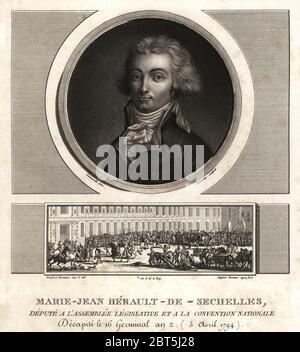 Marie-Jean Hérault de Séchelles (1759-1794), französischer Richter und Politiker in der Herrschaft des Terrors durch die Guillotine hingerichtet. Vignette zeigt den Aufstand vom 31. Mai 1793. Schabkunst ausgearbeitet und von Jean Duplessis-Bertaux aus seiner Sammlung vervollständigen de 60 Porträts des Personnages qui ont le plus Abbildung dans la Revolution Francaise, Auber, Paare, 1800 eingraviert. Porträt von Laneuville graviert von Charles Francois Gabriel Levachez. Stockfoto