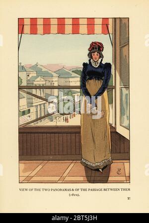 Frau am Fenster mit Blick auf die Panoramen und die Passage des Panoramas, auf dem Boulevard Montmartre, Paris, 1810. Blick auf die beiden Panoramen und die Passage dazwischen. Sie trägt Motorhaube, spencer Jacke, hohen Spitzenkragen und Walking Dress. Die Panoramen waren eine Attraktion, die von Robert Fulton gebaut wurde und Stadtlandschaften (Boulogne und Konstantinopel) und Schlachtfelder zeigte. Handkolorierte Lithographie von R.V. nach einer Illustration von Francois Courboin aus Octave Uzannes Fashion in Paris, William Heinemann, London, 1898. Stockfoto