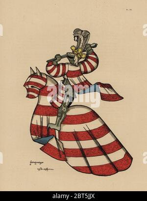 König von Ungarn, Roi d'Hongrie. Chromolithograph von loredan Larchey des Ancien Armorial Équestre de la Toison d'Or et de l'Europe au 15e siecle (Antike Equestrian Armorials des Ordens vom Goldenen Vlies und Europa im 15. Jahrhundert), Paris, 1890. Von bebilderten Handschrift 4790 in der Bibliothèque de l'Arsenal. Stockfoto