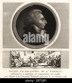 Louis-Michel le Peletier, Marquis von Saint-Fargeau (1760-1793), französischer Politiker und Märtyrer der Französischen Revolution. Vignette zeigt seine Ermordung im Chez Fevrier Restaurant im Palais Egalité (Palais Royal). Schabkunst ausgearbeitet und von Jean Duplessis-Bertaux aus seiner Sammlung vervollständigen de 60 Porträts des Personnages qui ont le plus Abbildung dans la Revolution Francaise, Auber, Paare, 1800 eingraviert. Porträt graviert von Charles Francois Gabriel Levachez. Stockfoto