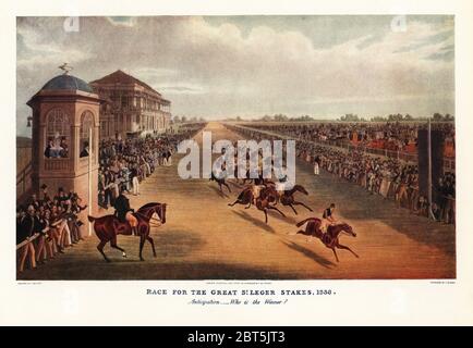 Pferde und Jockeys Rennen in der Great St. Leger Stakes auf der Doncaster Racecourse, 1836. Vorfreude Wer ist der Gewinner? Elis geht am Pfosten vorbei vor riesigen Menschenmassen hinter den Schienen und in Kutschen. Farbdruck nach einem Stich von Harris aus einer Illustration von James Pollard in Ralph Nevills Old Sporting Prints, The Connoisseur Magazine, London, 1908. Stockfoto