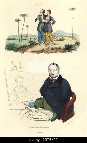 Chang und Eng Bunker, der Berühmte siamesische Zwillinge, 1 und Portrait von Louis-Cesar - Joseph Ducornet, ein Fuß Maler 2. Papierkörbe Stahlstich von du Casse von Felix-Edouard Guerin-Meneville's Wörterbuch Pittoresque d'Histoire Naturelle (malerische Wörterbuch der Naturgeschichte), Paris, 1834-39. Stockfoto