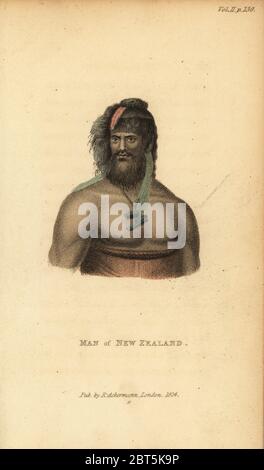 Die Maori von Neuseeland. Papierkörbe Walze Gravur von Frederic Shoberl der Welt in Miniatur, der South Sea Islands, Ackermann, 1824. Nach einer Illustration von Jean Piron in der Reise de La Perouse, 1800. Stockfoto