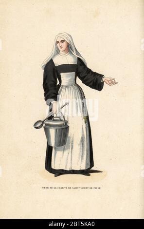 Schwester der Töchter der Nächstenliebe des heiligen Vinzenz von Paul, Soeur de la Charite de Saint-Vincent de Paule. Handkolorierter Holzschnitt nach einer Illustration von Jacques Charles Bar aus Abt Tirons Historiire et Costumes des Ordres Religieux, Librairie Historique-Artistique, Brüssel, 1845. Stockfoto