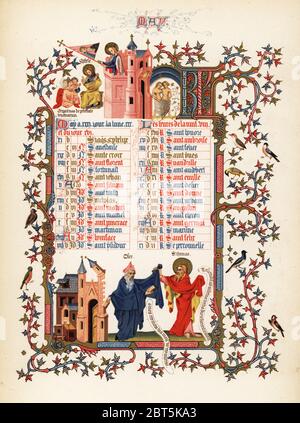 Kalender für Mai mit Figuren von Olee und St. Thomas, Zitat aus Epheser, Jünger, Adam und Eva, Vögel, Laub und Burgen. Aus einem illuminierten Stundenbuch des Herzogs Anjou., 1380. Chromolithographie in Farben und Gold von Henry Noel Humphreys der beleuchtete Kalender und Home Diary für 1846, Longmon, London, 1846. Stockfoto