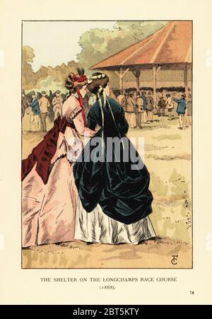 Das Tierheim auf der Longchamps Race Course, 1868. Frau in Tunika über einem weißen Crinoline, und Frau in rosa Crinoline Kleid mit Zug. Die Rennstrecke Hippodrome de Longchamp wurde 1857 eröffnet. Handkolorierte Lithographie von R.V. nach einer Illustration von Francois Courboin aus Octave Uzannes Fashion in Paris, William Heinemann, London, 1898. Stockfoto