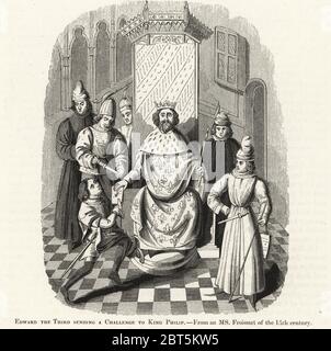 König Edward III. von England eine Herausforderung, die den König Philipp VI für die französische Krone, 1338. Auf einem Thron armorial Roben mit der Französischen Fleur-de-lys Wappen verziert sitzt. Holzschnitt nach einem beleuchteten Manuskript von Sir John's Froissart Chroniken von England, Frankreich, Spanien und den angrenzenden Ländern, von der zweiten Hälfte der Regierungszeit von Edward II. an der Krönung von Heinrich IV., George Routledge, London, 1868. Stockfoto