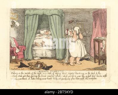 Frau in Nachtkappe und Kleid, die einen Krug Wasser über sich spritzt und einen wütenden Nachtdurst löscht. Miseries Inland. Handkolorierter Kupferstich entworfen und geätzt von Thomas Rowlandson, um Reverend James Beresfords Miseries of Human Life, Ackermann, 1808 zu begleiten. Stockfoto