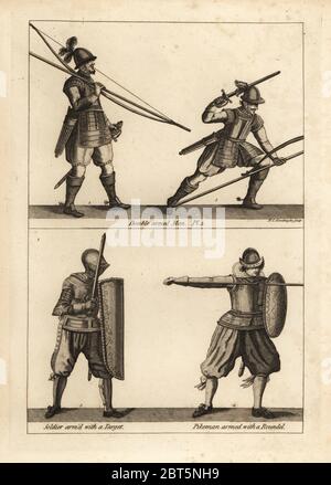 Übung des doppelarmigen Mannes mit Bogen und Hecht. Die unteren Figuren stammen aus der Übung von Prinz Maurice de Nassaus von Ziel und Runde. Stockfoto