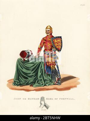 John de Eltham, Erster Earl von Cornwall, 1316-1336, dem zweiten Sohn von König Edward II. von England. Er trägt eine konische cervelliere Helm mit Coronet, vandyked Tuchfabrik und gorget, ärmelloses Kettenhemd, Platte - Rüstung, Grieben und Stulpen. Er trägt eine hauketon und Pourpoint unter dem Wappen cyclas, verzierte Gürtel und verziertes Schwert Scheide. Schild mit dem Wappen der Drei Löwen innerhalb einer Bordüre Frankreich. Papierkörbe Lithographie von maddocks nach einer Abbildung von S.R. Meyrick von Sir Samuel Rush Meyrick ist eine kritische Untersuchung Antient Rüstung, John dowding, London, 1842. Stockfoto