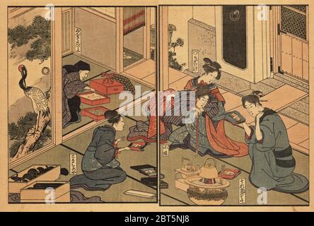 Ein Kosmetik- und Accessoires-Verkäufer, der einen Hausanruf macht. Die Kunden sind eine Geisha madam und zwei junge Geisha in einer okiya. Handkolorierter Ukiyo-e Holzschnitt von Toyokuni Utagawa aus Shikitei Sanbas Ehat Imayo Sugata (Bilderbuch der modernen Formen und Figuren, Tokio, 1916. Nachdruck des Originals von 1802. Stockfoto