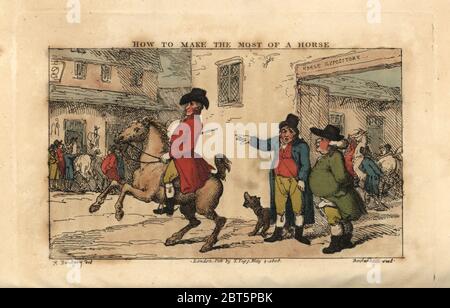 Regency Gentleman, der auf einem tanzenden Pferd in einer Straße reitet. Wie man das Beste aus einem Pferd macht. Handkolorierter Kupferstich von Thomas Rowlandson nach einer Illustration von Henry Bunbury aus Geoffrey Gambados an Academy for Grown Horsemen and Annals of Horsemanship, London, 1809. Stockfoto