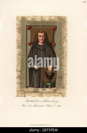 Grab Bildnis von Berthold VI. von Henneberg, Prior des Ordens des Heiligen Johannes oder Johannitre-Ordens, starb 1330. Von Hefner-Alteneck Chromolithograph's Kostüme, Kunstwerke und Geräte vom Mittelalter bis in das 17. Jahrhundert, Frankfurt, 1889. Illustration von Dr. Jakob Heinrich von Hefner-Alteneck, Lithographiert von C.R. Dr. Hefner-Alteneck (1811 - 1903) war eine Deutsche, die die Kuratorin des Museums, Archäologe, Kunsthistoriker, Zeichner und Kupferstecher. Stockfoto