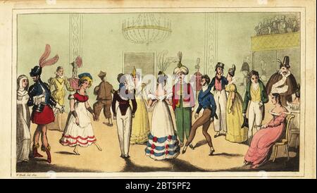 Regency Dandies tanzen eine Quadrille auf einer Kostümfeier im berühmten Club, Almacks Assembly Rooms. Menschen in Kostümen als Ritter, Nonnen, Matrosen, Türken und Chinesen. Tom und Bob sportlich ihre Figuren bei einem ausgefallenen Dress Ball. Handkolorierter Kupferstich nach einer Illustration von William Heath aus Real Life in London, oder, The Further Rambles and Adventures of Bob Tallyho, Esq. Und sein Cousin der Hon. Tom Daswall, Through the Metropolis, Jones, London 1821. Anonyme Nachahmung des Pierce Egans Lebens in London. Stockfoto