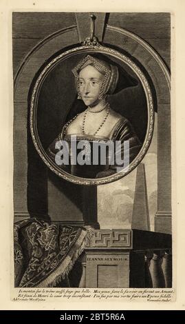 Porträt von Jane Seymour, Königin von England, Ehefrau von Heinrich VIII. In englischer Kapuze oder Giebel Kapuze. Jeanne Seymour. Kupferstich von Cornelis Vermeulen nach Adriaen van der Werff nach einem Gemälde von Hans Holbein rom Isaac de Larreys Histoire dAngleterre, dEcosse et dIrlande, Reinier leer, Rotterdam, 1713. Stockfoto