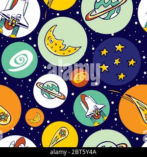 Vektor bunte Raum Shuttle sprengen Elemente in Kreisen wiederholen Muster. Ideal für Kinder Schultaschen und Geschenkpapier oder Stoff. Stock Vektor
