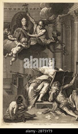 Kupferstich-Frontispiz von Charles Simonneau l'aîné nach einer Zeichnung von Charles-Antoine Coypel aus C.F. Menestrier’s Medailles sur les principaux Evenements du Regne de Louis le Grand, Paris, 1702. Charles-Antoine Coypel war ein französischer Maler, Kunstkommentator und Dramatiker. Ovales Porträt von König Ludwig XIV. Von Rigaud mit Kuppeluntermauert. Stockfoto