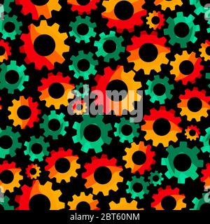 Zahnräder (Сogwheels). Nahtloses Muster. Rote, orange und grüne Farben. Schwarzer Hintergrund. Vektorgrafik. Stock Vektor
