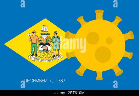 Flagge des Staates Delaware mit Ausbruch von Viren Hintergrund der Flagge des Staates USA. Neue Coronavirus-Krankheit COVID-19. Coronavirus-Infektion Und Die Epidemie Stock Vektor