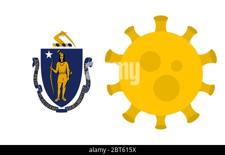 Flagge des Staates Massachusetts mit Ausbruch von Viren Hintergrund der Flagge des Staates USA. Neue Coronavirus-Krankheit COVID-19. Coronavirus-Infektion Und Das Epid Stock Vektor