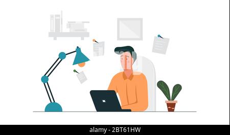 Telearbeit Business Job man Konzept Vektor Illustration mit Laptop. Computertechnologie Remote-Arbeit von zu Hause aus. Online-Netzwerk-Desk für freiberufliche Mitarbeiter Stock Vektor