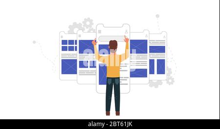 Usability Testen mobilen Bildschirm mit Menschen Mann Vektor-Design Illustration. Benutzeroberfläche und ux-Seite für die Entwicklungssoftware. Benutzercodierung lag Stock Vektor