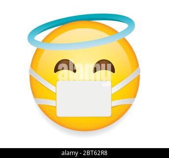 Hochwertiges Emoticon auf weißem Hintergrund Vektor.Emoji lächelndes Gesicht mit Halo und Maske.Gelbes Smiley Gesicht mit Maske, lächelnd, Augen und blauen Halo. Stock Vektor