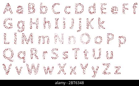 Eine große Sammlung von Buchstaben des englischen Alphabets aus roten Rosenblättern. Isolierter weißer Hintergrund Stockfoto