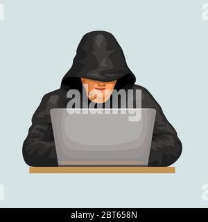 Hacker trägt schwarze Kleidung vorne Stock Vektor