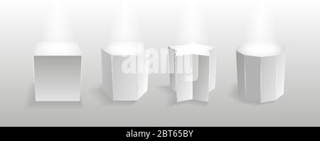 Museumsbühne. Realistisches Würfelpodium, 3d-Ausstellungsdisplays. Galerie geometrische leere Produktständer. Stock Vektor