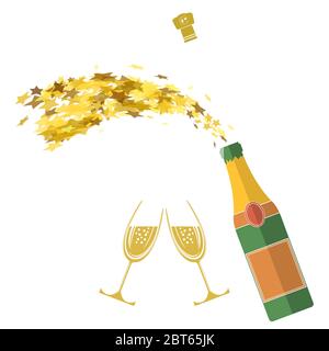 Explosion Der Champagnerflasche. Frohes Neues Jahr. Prost. Alkoholisches Fizzy-Getränk. Herzlichen Glückwunsch. Frohe Weihnachten. Stock Vektor