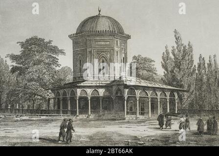 Osmanisches Reich. Türkei, Konstantinopel (heute Istanbul). Außen des Mausoleums von Suleymaniye I. Suleymaniye Moschee Komplex, 16. Jahrhundert. Stich von Lemaitre, J. Arnout und Lepetit. Historia de Turquia von Joseph Marie Jouannin (1783-1844) und Jules Van Gaver, 1840. Stockfoto