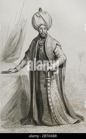 Selim II. (1524-1574). Auch bekannt als Selim der Blonde oder Selim er getrunken. Ottomanischer Sultan aus dem Jahr 1566. Engraing von Lemaitre, Masson und Lesueur. Historia de Turquia von Joseph Marie Jouannin (1783-1844) und Jules Van Gaver, 1840. Stockfoto