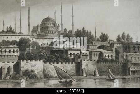 Osmanisches Reich. Türkei. Konstantinopel (heute Istanbul). Sultan Ahmed Moschee oder Blaue Moschee. Es wurde von dem osmanischen Sultan Ahmed I. zwischen 1609 und 1616 gebaut. Gravur von Lemaitre und Lalaisse. Historia de Turquia von Joseph Marie Jouannin (1783-1844) und Jules Van Gaver, 1840. Stockfoto