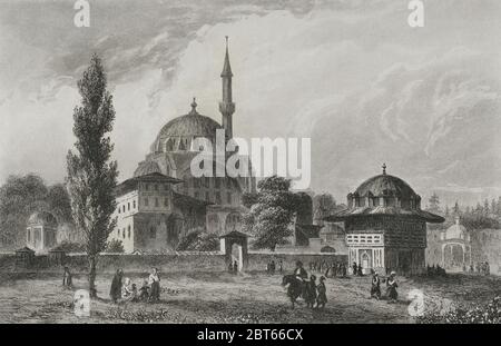 Osmanisches Reich. Türkei. Konstantinopel (heute Istanbul). Top-Khane-Platz und Brunnen. Piyale Pascha Moschee. Es wurde während der Herrschaft von Sultan Selim II., unter dem Befehl von Admiral Piyale Pascha im Jahr 1573 gebaut. Engraing von Lemaitre, J. Arnaut und Charles Lalaisse. Historia de Turquia von Joseph Marie Jouannin (1783-1844) und Jules Van Gaver, 1840. Stockfoto