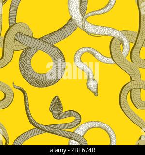 Schlangenvektormuster. Drachen auf hellgelbem Hintergrund. Sansevieria. Tropische Tiere Stock Vektor