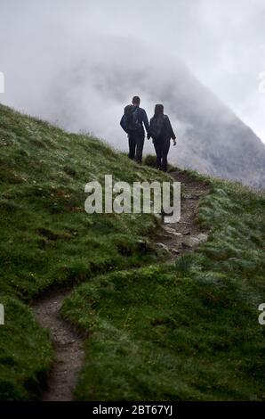 Rückansicht von männlichen Reisenden und Freundin, die auf einem grasbewachsenen Hügel stehen und die Hände halten. Liebevolles Paar bewundern die Aussicht auf nebligen Berg während der Reise zusammen. Konzept von Wandern und Liebe. Stockfoto