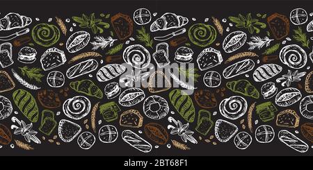 Vektor schwarze Kreidetafel Stil Hand gezeichnet Bäckerei horizontalen Rahmen Muster. Geeignet für Brotverpackungen, Cafe-Menü-Design und Tapete. Stock Vektor
